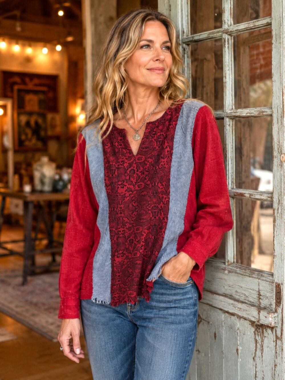 Upcycled Patchwork Pullover Shirt Mixed Print Artsy Spliced Floral Top Sz M - L